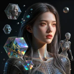 digital wireframe made into woman portrait by peter mohrbacher, boris vallejo, hajime sorayama, wayne barlowe,, polymesh, polygroups, maya, zbrush, wireframe models, ultra realistic, dramatic contrast lighting, intricate details, holographic artifacts, landscape of geometric shapes, hexagons, tesseract