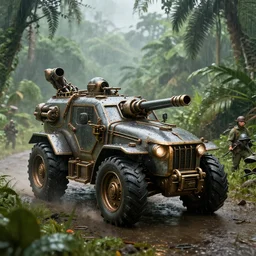 armored tractors steampunk, with cannons, rocket launcher, soldiers, in a jungle valley, in the rain, octane render, volumetric, unreal engine, depth of field