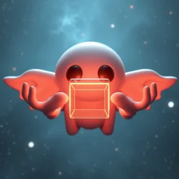 a celestial being in outer space, holding a transparent neon cube with both of it's hands, galaxies can be seen in the background, in the style of a 3 d render