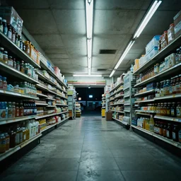 low angle, interior of an abandoned convenience store, distant lights, at night.