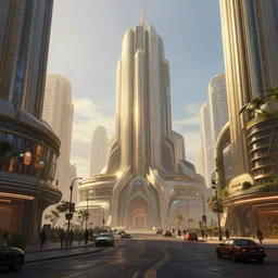 A sci-fi digital concept art painting of a street-level view of a utopic art deco city, by greg rutkowski, trending on artstation, clear day, golden hour, highly detailed, matte painting