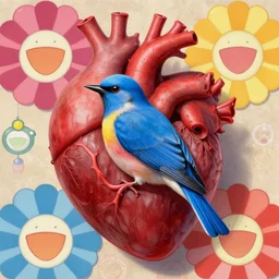 hyper realistic detailed matte painting of a bluebird trapped inside my heart, by takashi marakami, by takato yamamoto, by tatsuro kiuchi, trending on artstation and deviantart