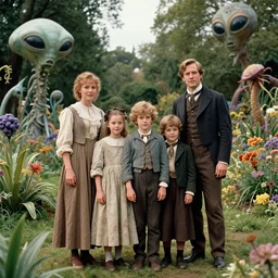 sharp, highly detailed, 57344k film, 175000mm film still from a sci fi blockbuster color movie made in 2019, set in 1860, of a family standing in a park, next to some strange alien plants and flowers, on an alien planet, the family are all wearing 1860s era clothes, good lighting, ultra high definition, ultra enhanced faces, in focus, 35mm macro lens