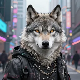 beautiful furry art portrait commission of an androgynous furry anthro wolf fursona wearing punk clothes in the streets of a cyberpunk city at night in the snow. neon signs. character design by rick griffin, miles df, smileeeeeee, charlie bowater, ross tran, detailed, inked, western comic book art
