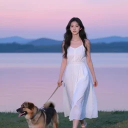 a beautiful girl wearing white dresses beautiful face, clear facial features, walking with a dog, john martin landscape lake evening, pastel pink and blue colors