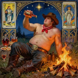 a dramatic, epic, ethereal painting of a !!!handsome!!! thicc chunky beefy mischievous shirtless with a big beer belly wearing a large belt and bandana offering a whiskey bottle | he is a cowboy relaxing by a campfire | background is a late night with food and jugs of whisky | homoerotic | stars, tarot card, art deco, art nouveau, mosaic, intricate | by Mark Maggiori (((and Alphonse Mucha))) | trending on artstation