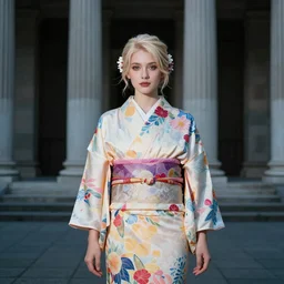 stunning, breathtaking, awe - inspiring award - winning photo, extremely moody lighting, 8 k, an attractive beautiful blonde white fairy wearing a colorful yukata in front of roman columns