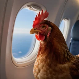 chicken looking human on an airplane flight over the sea, realistic scene, very detailed