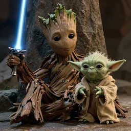 Film still of Groot chilling out with Yoda, from Star Wars The Empire Strikes Back (1980)