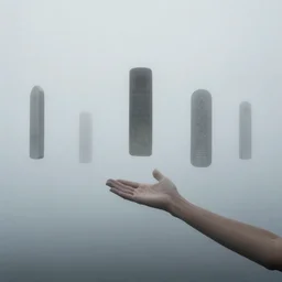 arm reaching out of thick fog, 6 stelae floating across the sky, zdzislaw beksinski