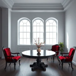 a modern indoor room, clean architecture, deep crimson colored baroque chairs and a dark brown epoxy wooden baroque round table, some fresh plants, daylight, peaceful, 8 k octane render