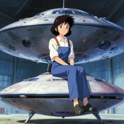 a film still of a 1 9 5 0's mechanic anime girl sitting on top of ufo landing in hangar of giant ufo spaceship, sharp focus, finely detailed features, full body mid shot, perfect art, trending on pixiv fanbox, painted by gaston bussiere, makoto shinkai, akihiko yoshida, gaston bussiere, craig mullins
