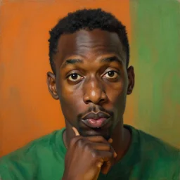 portrait of a black man who stares intently, very thoughtful, yet playful, sugary, highly detailed oil painting, by francis bacon, edward hopper, adrian ghenie, glenn brown, soft light 4 k, orange and green colour palette, cinematic composition, cinematic lighting, high quality octane render, masterpiece