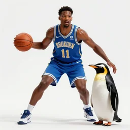 Borris Johnson playing basketball with a penguin