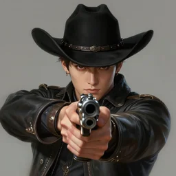 a highly detailed illustration of bts v as cowboy wearing black cowboy hat, dramatic wielding gun pose, perfect face, intricate, elegant, highly detailed, centered, digital painting, artstation, concept art, smooth, sharp focus, league of legends concept art, wlop