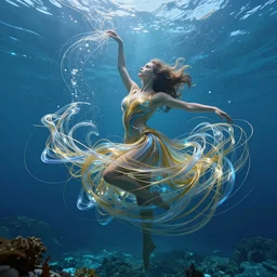 a woman dancing in an underwater landscape has a body made of millions of thin ribbons and threads of translucent gold and blue that are twisting, swirling, and pulling apart in the swift current, caustics lighting blue water from above, highly detailed, fantasy, unreal engine