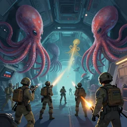 space soldiers shoot at giant alien squids inside the corridors of spaceship, cinematic, vector behance hd jesper ejsing, hyper detailed, digital painting, artstation, concept art, art by artgerm and makoto shinkai and lois van baarle and ilya kuvshinov and rossdraws, 8 k
