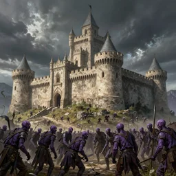 Medieval fortress being attacked by a horde of purple zombies, fantasy illustration, by Donato Giancola