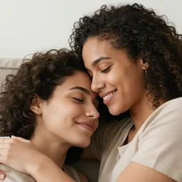 close - up portrait of a mixed race lesbian couple in love cuddling on the sofa, smiling, very romantic, highly detailed, smooth, stylized, medium shot, vector line art, clean cel shaded vector art, by lois van baarle and ross tron, artgerm, helen huang, makoto shinkai, ilya kuvshinov, rossdraws