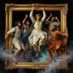 a baroque neoclassicist close - up painting of pakistani people jumping out of picture frames. reflective detailed textures. glowing colorful fog, black background. highly detailed fantasy science fiction painting by moebius, norman rockwell, frank frazetta, and syd mead. rich colors, high contrast. artstation