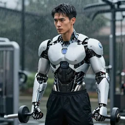 a handsome young man working out in the rain, cyborg, photo,
