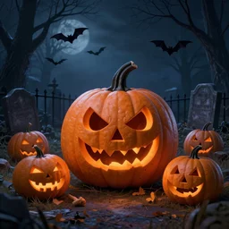 engraved halloween pumpkins with menacing expression, scattered in a graveyard at night, bats flying over tombstones, bare trees, iron railing, gloomy atmosphere, digital illustration, highly detailed, cinematic lighting, perfect composition, 4 k, artem demura