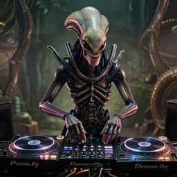 xenomorph alien DJing with DJ turntables