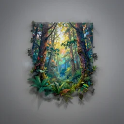 conceptual art of an unseen forest, very colorful and magical surrounded by a wall made of fog