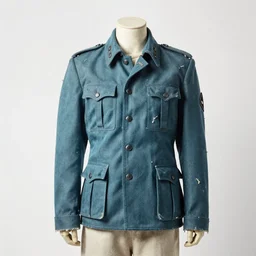 an award - winning photo of an ancient male model wearing a plain baggy teal distressed medieval designer menswear military jacket designed by alexander mcqueen, 4 k, studio lighting, wide angle lens