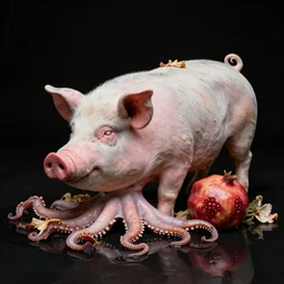 sculpture of a pig - cephalopod and a pomegranate, photorealistic, wilted flowers, black background, black flood waters, by bob eggleton, trending on artstation