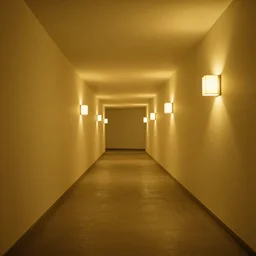 creepy empty corridors with random walls, with square lamps, absolutely in yellow tones