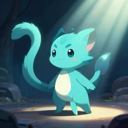 cyan cute spirit axie pet hit enemy by long tail, fantasy, studio ghibli, clean cel shaded vector art, cinematic lighting, volumetric lighting, smooth, sharp focus, highly detailed, render in unreal engine 5, artstation, deviantart, behance, trending, epic composition, octane, light rays, award - winning