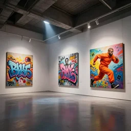 interior futuristic art gallery wide angle highly detailed by ricardo boffil, wall hanging paintings of grafitti art by saturno butto and wlod, running orange jumpsuit, captivating 8 k hdr, octane render godrays