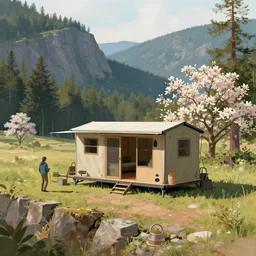 cabela's outdoors popup micro - compact modular home, quick assembly, utilitarian, glamping, person in foreground, cliffside mountainous forested wilderness open fields, beautiful views, painterly concept art, joanna gaines, environmental concept art, farmhouse, magnolia, concept art illustration by james gurney, by craig mullins, by greg rutkowski
