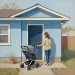 a couple with a stroller outside the door of a small suburban house, dusty blue. beautiful painting by artgerm and greg rutkowski