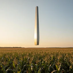 wide shot of a tall and thin monolithic structure hovering in the air high above a cornfield, late afternoon, golden hour, highly detailed, smooth, sharp focus, concept art by greg rutkowski and ruan jia