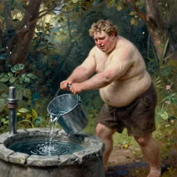 a pale fat man with a suffering look to his face, pulling a bucket of water out of a well, highly detailed, oil painting, masterpiece, nature, fantasy illustration, romanticism