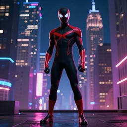 miles morales standing in front of a neon city