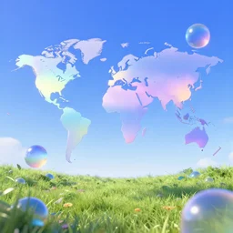 pre - 2 0 0 0 s, 9 0's era, cg render of a world with orbs flying over a meadow with blue sky. slick futuristic looks, gradients, translucence. softimage 3 d. trending on tumblr, vaporwave, futurism, cyber y 2 k