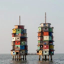 two towers made up of colourful stacked makeshift squatter shacks, suspended over water, mamiya 8 5 mm, f 1. 7, early morning light, uniform plain sky, fine details, photographed by julie blackmon