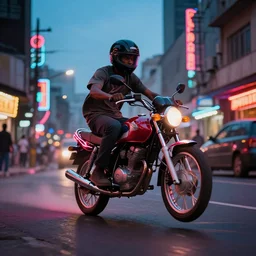 a neon lit - african urban street with flying motorcycles,