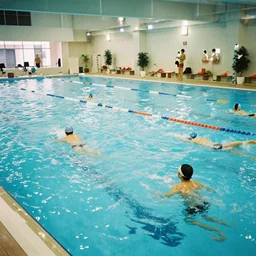 an indoor swimming pool filled with people swimming, 35mm film