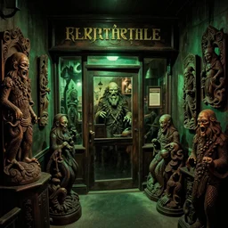 lovecraftian antique store, cthulhu wood carvings, green ambient light