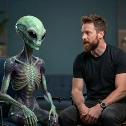 joe rogan interviewing a dmt entity alien on his podcast, octane render