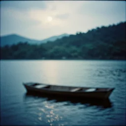 beautiful lake, boat, artwork by tadao ando, mystic, melancholy, pinhole analogue photo quality, lomography, blur, unfocus, cinematic, foil effect, holographic effect