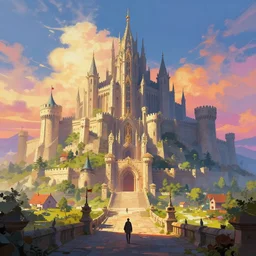 the great caslte of doom in the background, grand landscape building art by donato giancola and greg rutkowski, digital art, trending on artstation, symmetry!!, epic composition, wide angle shot, colorful skies