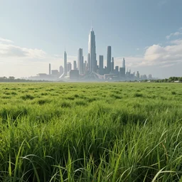 Post-Singularity world, farm, field of grass, hyperfuturistic skyline in the distance, trending on Artstation