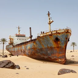 an abandoned rusty cargo ship in the desert, palm trees and rocks, intricate extremely detailed line art and watercolor by kim jung gi