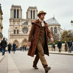 realistic disney version of quasimodo walking the streets of 1 8 8 0 s paris, france. notre dame cathedral is in the background.