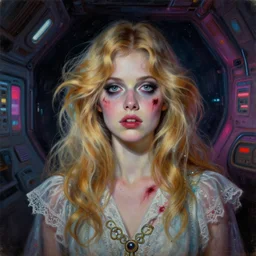 a beautiful and eerie baroque painting of a gorgeous young woman in dead space, with wild blonde hair and haunted eyes, 1 9 7 0 s, seventies, space station, neon light showing injuries, delicate ex embellishments, painterly, offset printing technique, behind her something sinister is happening